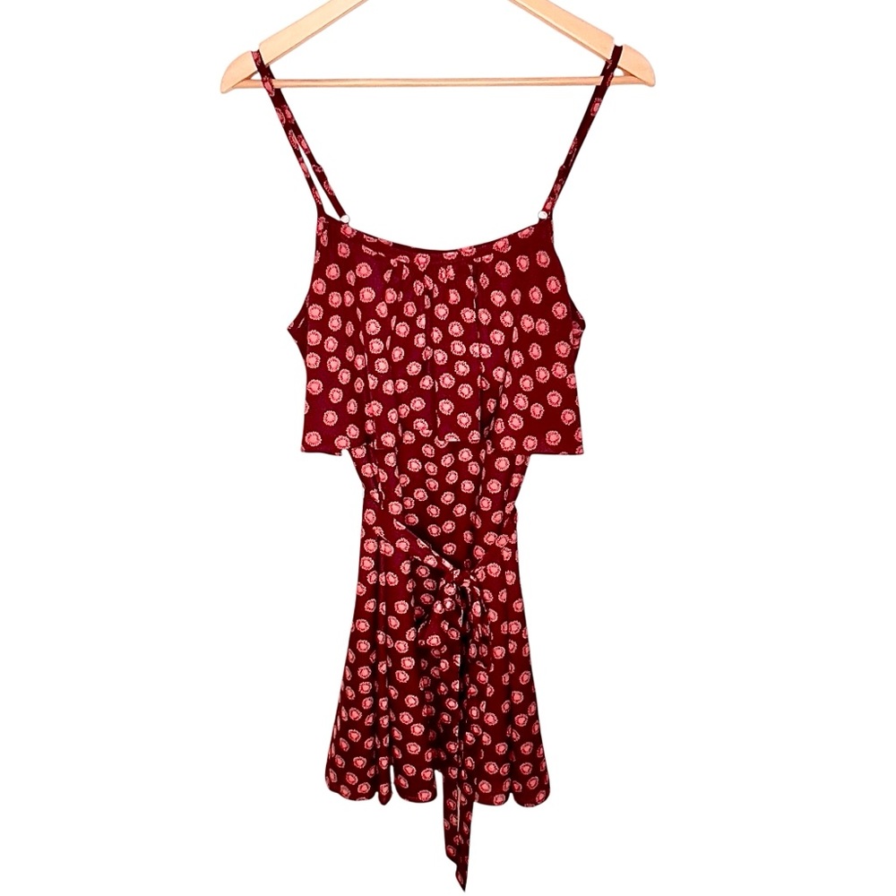 Forever 21 Y2K Mini Slip Dress Sz M Maroon Peach Floral Satin Bust Overlay belt